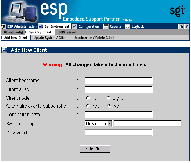 Figure 4-14 Add New Client Window for ESP 3.0 Client (System Group Manager Mode)