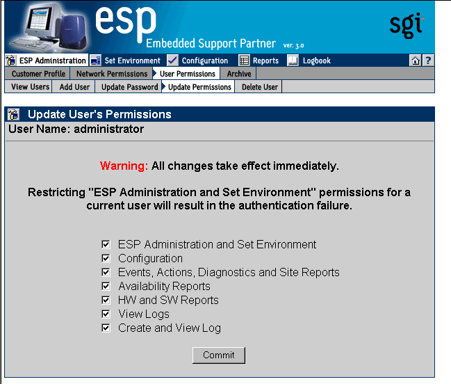 Figure 3-9 Updated Update User Permissions Window (Web-based Interface)