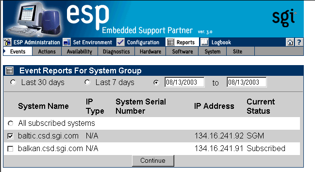Figure 6-8 Event Reports for System Group Window (System Group Manager Mode)