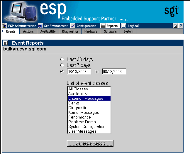 Figure 6-4 Event Reports Window (Single System Manager Mode)