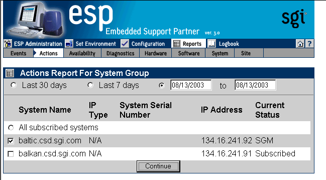 Figure 6-15 Actions Report for System Group Window (System Group Manager Mode)