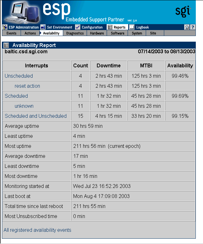 Figure 6-20 Example Availability Report for a Specific Host (System Group Manager Mode)