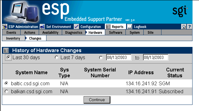Figure 6-31 Hardware Changes Reports for System Group Window (System Group Manager Mode)