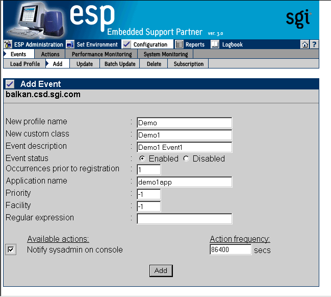 Figure 5-14 Add Event Window with Example Parameters (Adding an Event to a New Class in a New Profile)