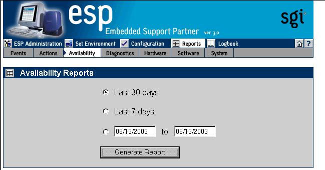 Figure 6-17 Availability Reports Window (Single System Mode)