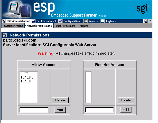 Figure 3-3 Network Permissions Window (Web-based Interface)