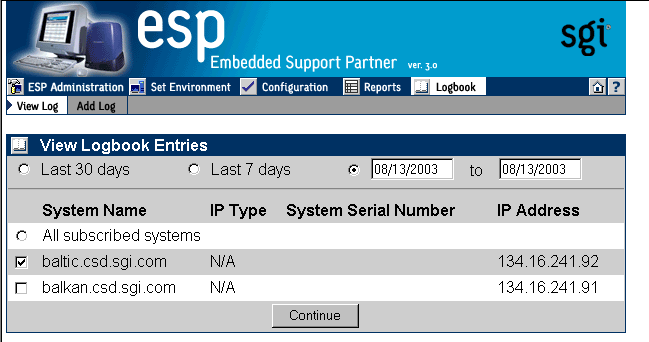 Figure 7-4 View Logbook Entries Window (System Group Manager Mode)