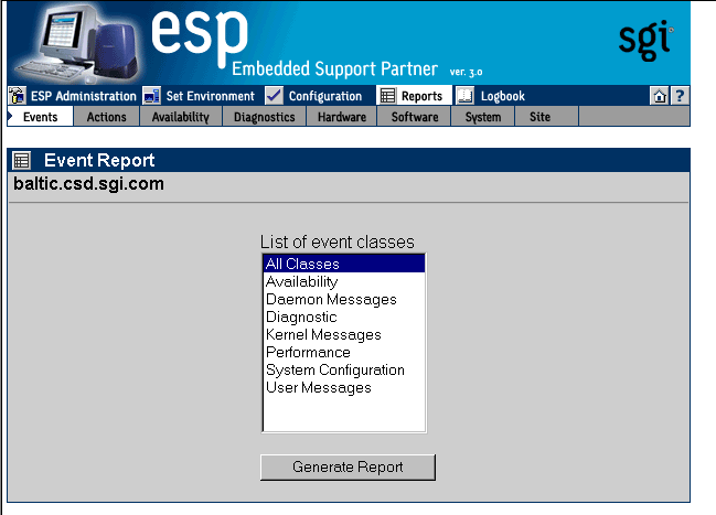 Figure 6-9 Event Reports Window with List of Classes (System Group Manager Mode)