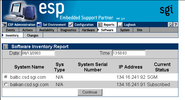 Figure 6-35 Software Inventory Reports for System Group Window (System Group Manager Mode)