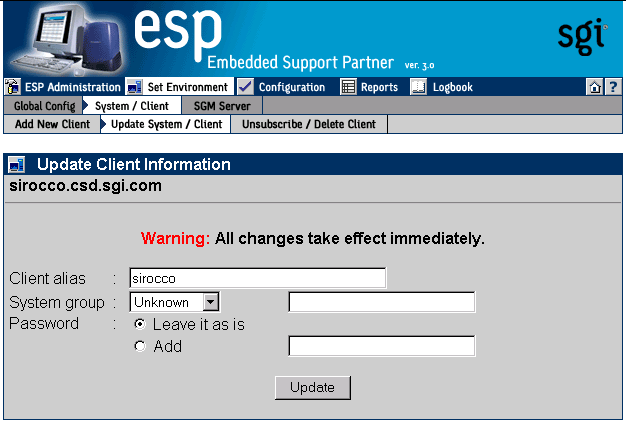 Figure 4-19 Update Client Information Window (ESP 2.0 SGM Client Selected)