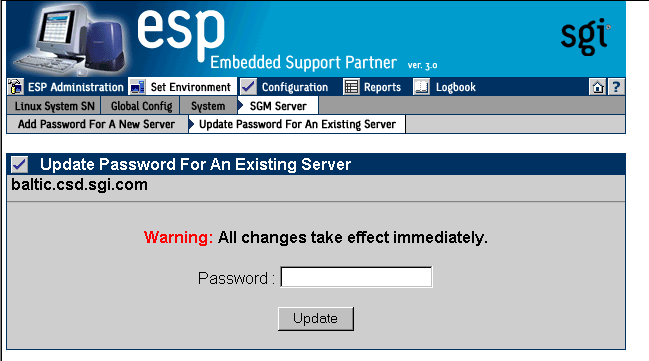 Figure 4-22 Update Password for an Existing Server Window