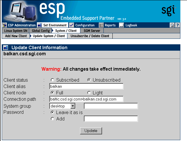 Figure 4-18 Update Client Information Window (ESP 3.0 SGM Client Selected)